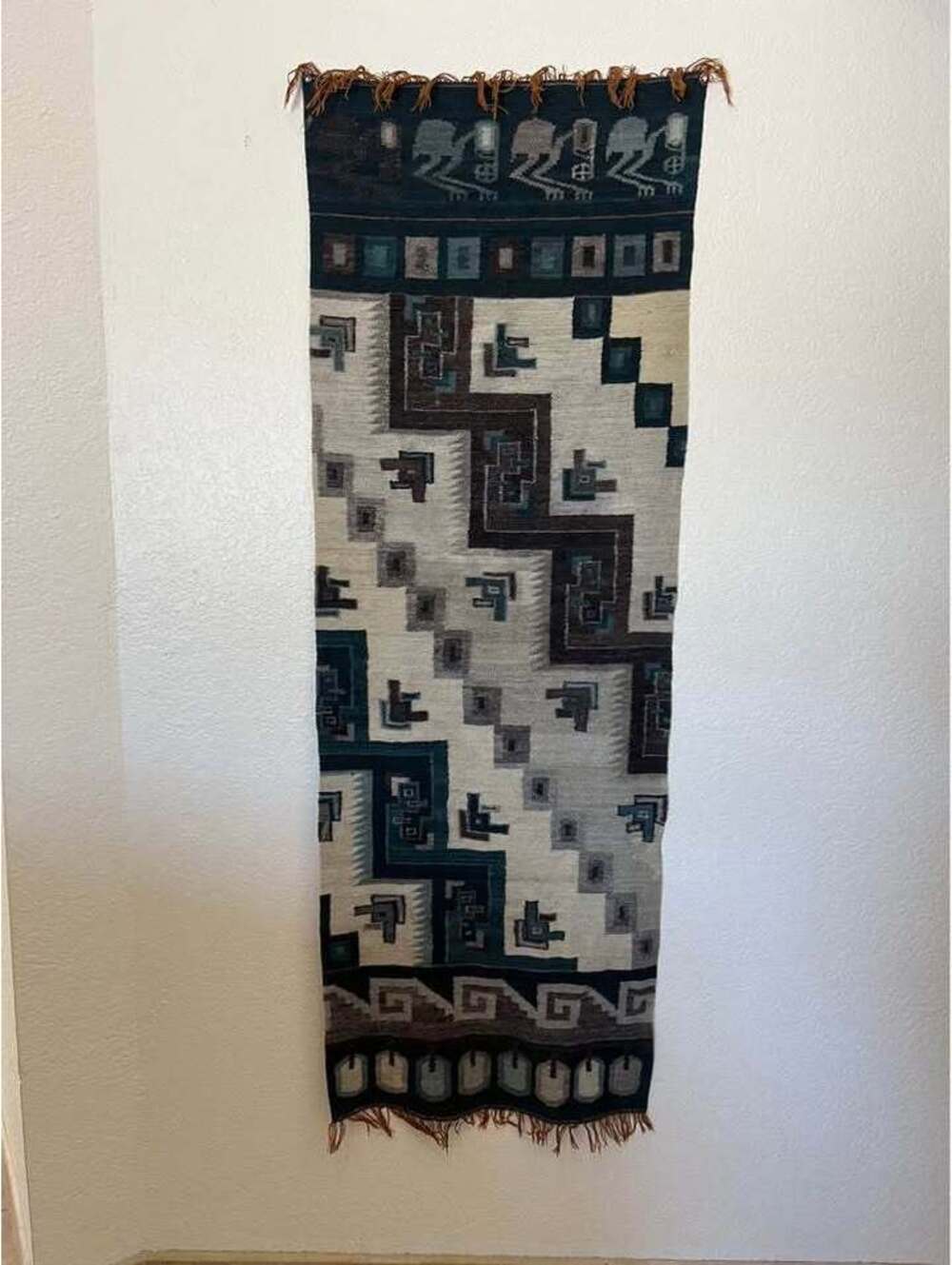 21”x 61.5” Woven Turquoise Cream & Grey Wool Wallhanging Rug Southwest Native